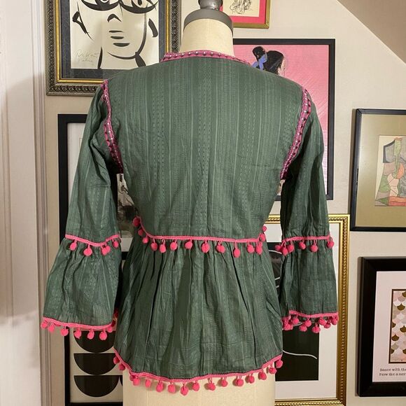 Zara Womens Size Medium Embroidered Kimono Cape Cardigan Green Pink Tie Neck NWT - Picture 5 of 10